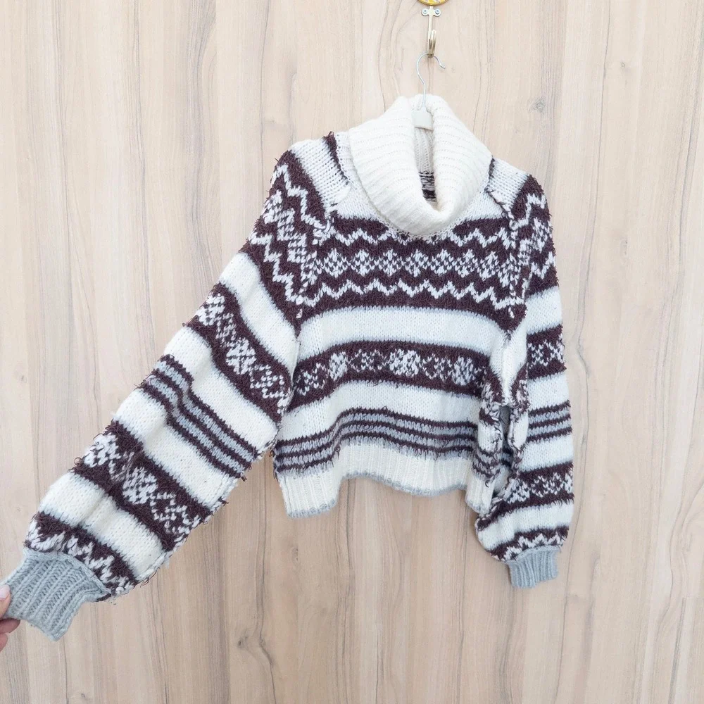 Free People Fair‎ Isle Oversized Turtleneck Sweater Sz M Brown White Apres Ski